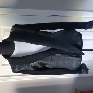 White + Warren black leather wool sweater jacket